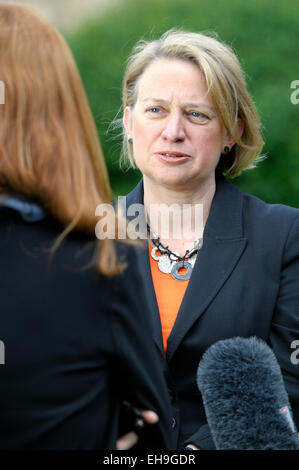 Natalie Bennett, leader of the Green Party of England and Wales, giving a TV interview on College Green, Westminster 2014 Stock Photo