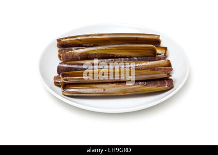 Raw Razor Clams isolated on a white studio background. Stock Photo