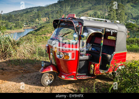 Tuk tuk motor taxi driving along main road through tea plantations in the Sri Lanka highlands, around Adams Peak,  Asia Stock Photo