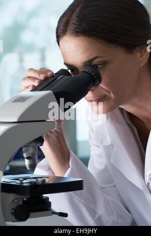 Scientist using microscope in laboratory Stock Photo