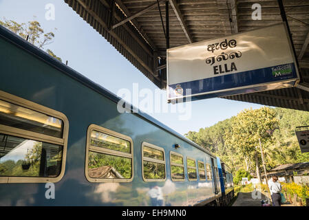 At town of Ella in Highlands of Sri Lanka. Famed for tea plantations and for hiking and green scenery and quaint train station Stock Photo