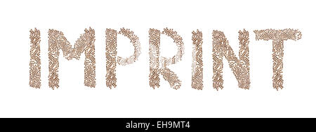 Imprint written in letters formed with wooden cubes with letters isolated on white background Stock Photo