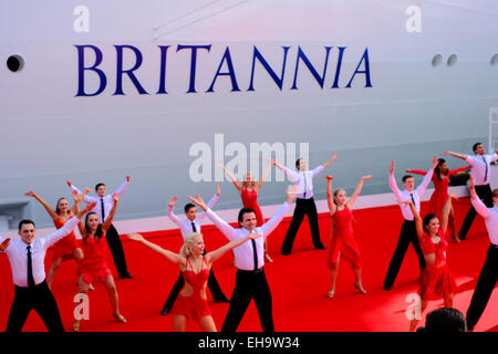 Southampton, UK. 10th March, 2015. Dancers at the naming P&O cruises new flagship BRITANNIA Credit:  Paul Chambers/Alamy Live News Stock Photo