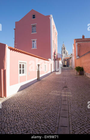 pink house with Mafra National Palace at end of street Stock Photo