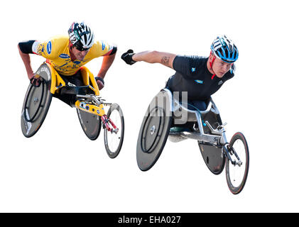 Disabled athletes taking part in the London marathon wheelchair race on a white background Stock Photo