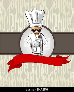Chef man cartoon. Hand drawn illustration for menu design over silverware texture background. Vector file. Stock Vector