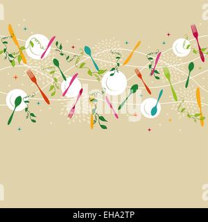 Gourmet food seamless pattern concept illustration with colorful silverware, dish and kitchen elements design. Stock Vector
