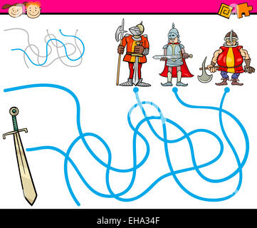 Cartoon Illustration of Education Path or Maze Game for Preschool Children with Knights and Sword Stock Photo