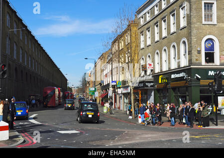 Busy road junction, York Way corner with Pentonville Road, King's Cross, London, England, UK Stock Photo