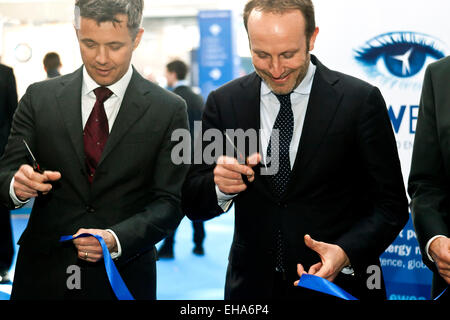 Copenhagen, Denmark. 10th March, 2015. Danish Crown Prince Frederik and Foreign Minister, Martin Lidegaard at work at the opening of EWEA 2015 conference and exhibition in Copenhagen. They have just cut the ceremonial ribbon Credit:  OJPHOTOS/Alamy Live News Stock Photo