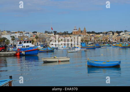 Malta, Marsaxlokk (pro. Marsa-shlock), a pretty little fishing village just southof Valletta. As well as being photogenic there Stock Photo