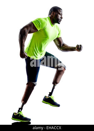 one muscular handicapped man with legs prosthesis in silhouette on white background Stock Photo