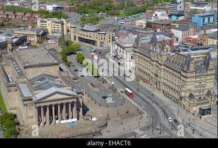 Aerial view of Lime Street in Liverpool showing St.George's Hall(left) and North Western Hall(right). Stock Photo