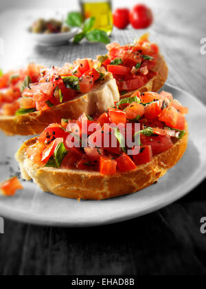 Fresh chopped tomato bruschettas Stock Photo