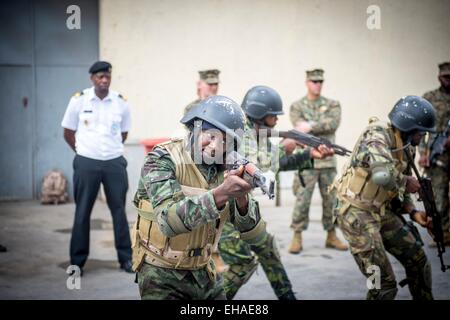 Angolan marines demonstrate close quarter battle techniques during a training session with U.S. Marines March 4, 2015 in Luanda, Angola. Stock Photo