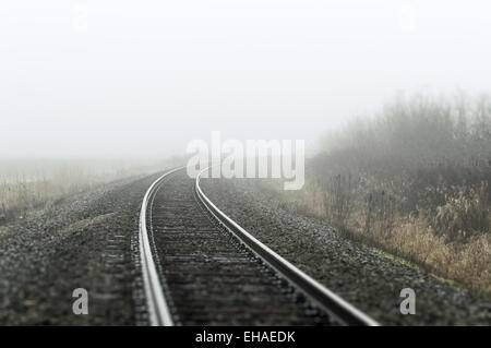 BNSF Railway tracks in fog, Mud Bay, Surrey, BC, Canada. Stock Photo