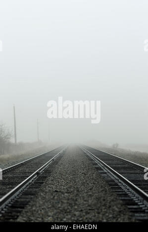 BNSF Railway tracks in fog, Mud Bay, Surrey, BC, Canada. Stock Photo