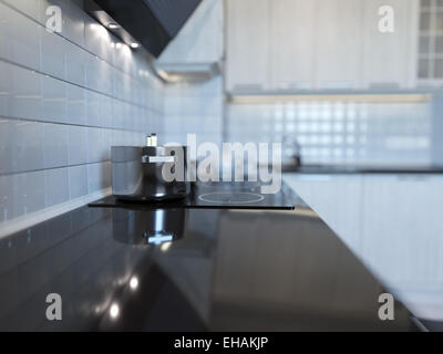 3d rendering of modern white kitchen clean interior design Stock Photo