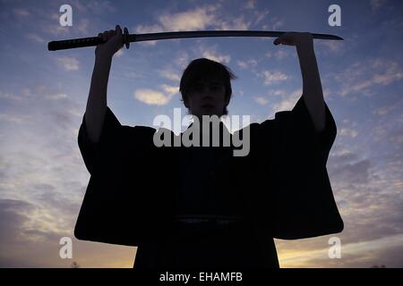 concept of the way Eastern philosophy, the monk samurai in winter field Stock Photo