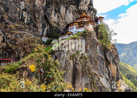 Paro Taktsang Monastery is the most famous of Bhutan Monasteries located in the cliffside of Paro valley in Bhutan Stock Photo