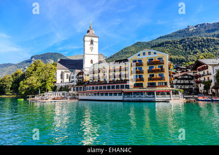 View of St. Wolfgang chapel and the village at Wolfgangsee Lake in Austria Stock Photo