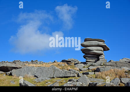 The Cheesewring, Stowe´s Hill, Cornwall, UK set against a bright blue sky with white cloud. Copy space. Stock Photo