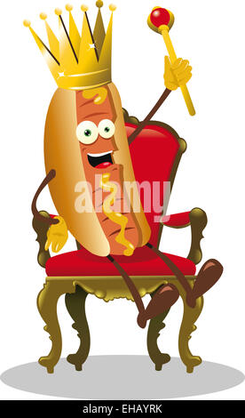 a vector cartoon representing a funny hot dog sitting on a throne Stock Photo