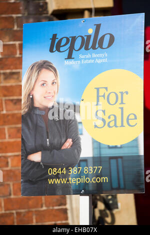 Sign for Tepilo, Sarah Beeny's modern estate agent outside a terraced house in Bristol. Stock Photo
