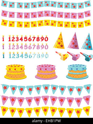 A vector cartoon, representing a birtday kit: cakes, candles, flags and paper caps Stock Photo