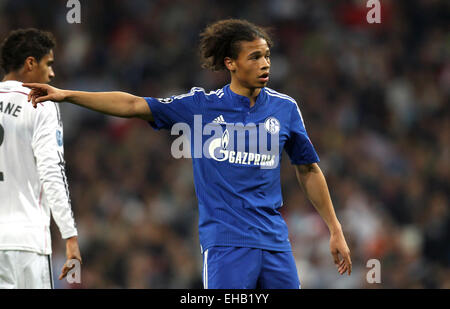 Madrid, Spain. 10th Mar, 2015. Schalke's Leroy Sane gestures during the UEFA Champions League Round of 16 second leg soccer match at Santiago Bernabeu Stadium in Madrid, Spain, 10 March 2015. Photo: Ina Fassbender/dpa/Alamy Live News Stock Photo