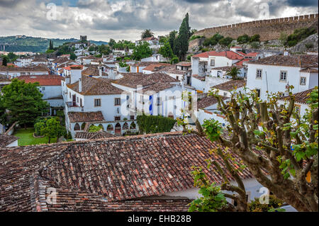 Portugal, Obidos - urban village and the castle of the same name with the fortress. Flowers , fruit trees , white villas, paved Stock Photo