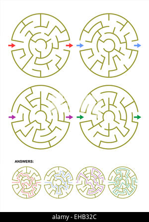 Collection of four different round maze templates for your designs and projects. Answers included. Stock Photo