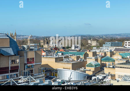 The roofs of Cardiff City Centre on a sunny day with Cardiff Castle and the Norman Keep in south Wales UK - view looking north Stock Photo