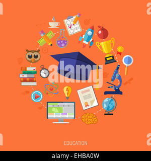 Online Education and E-learning Concept - Flat Icon Set for Flyer, Poster, Web Site. Illustration. Stock Photo