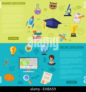 Online and Higher Education Banners with Flat Icon Set for Flyer, Poster, Web Site. Illustration. Stock Photo