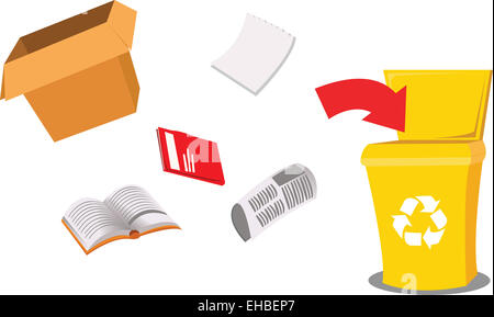 a vector cartoon representing a recycling bin and some paper objects Stock Photo