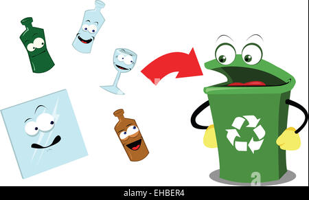 A vector cartoon representing a funny recycling bin and some glass objects Stock Photo