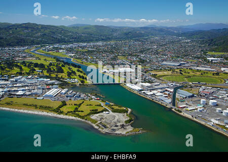 Hutt River, Petone, and Seaview, Wellington, North Island, New Zealand - aerial Stock Photo