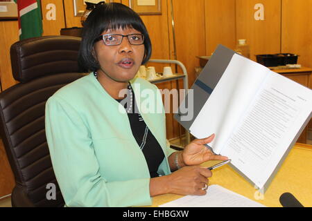 (150311) -- WINDHOEK, March 11, 2015 (Xinhua) -- File photo taken on June 19, 2013, shows Namibian Finance Minister Saara Kuugongelwa-Amadhila attending a signing ceremony in Windhoek, Namibia. Namibian President-elect Hage Geingob on Wednesday appointed Finance Minister Saara Kuugongelwa-Amadhila as the country' s first female prime minister designate. (Xinhua/NAMPA) Stock Photo