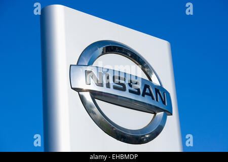 Business, Motoring, Cars, Nissan sign outside the car dealership. Stock Photo