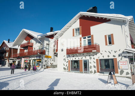 A souvenir or gift shops and a street in the Lapland ski resort of Levi Finland Stock Photo