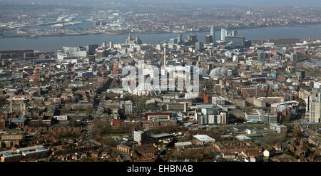 aerial view of the Liverpool Skyline including Liverpool University and RC Cathedral in the foreground Stock Photo