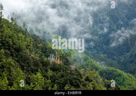 BHUTAN - Prayer flags decorate a forested hillside on a foggy morning high above the Paro River Valley on trail to Tiger's Nest. Stock Photo