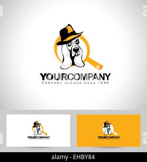 Detective dog logo. Vector icon of a detective dog with a hat and magnifier. Stock Photo