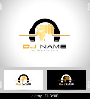 Dj Logo Design. Creative vector logo design with headphones and world map. Stock Photo