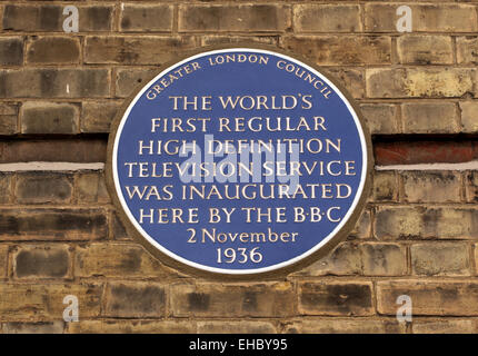 Plaque commemorating the worlds first high definition television service 1936 at the BBC, at Alexandra Palace, North London. Stock Photo