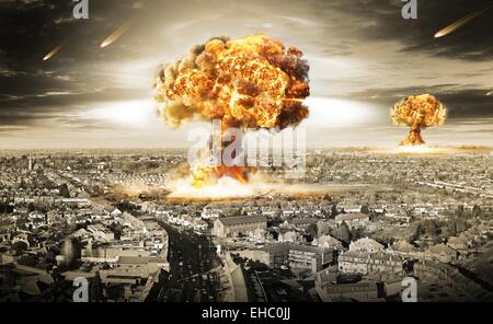 Danger of nuclear war illustration with multiple explosions Stock Photo