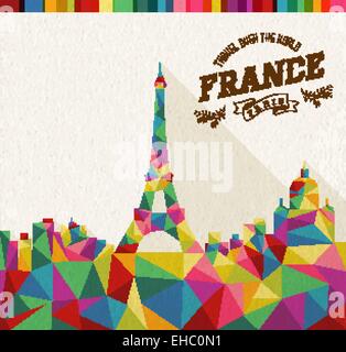 Travel France famous landmark. Colorful polygonal skyline with vintage label and textured paper background. Ideal for website Stock Vector