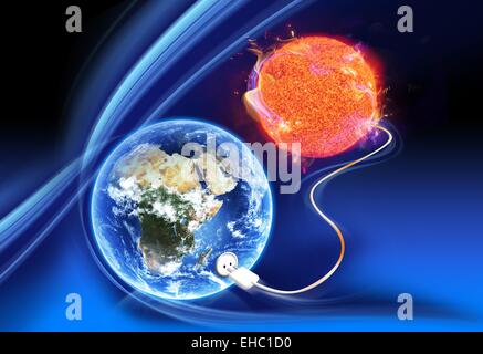 Clean solar energy concept with electric socket and cable from the sun Stock Photo