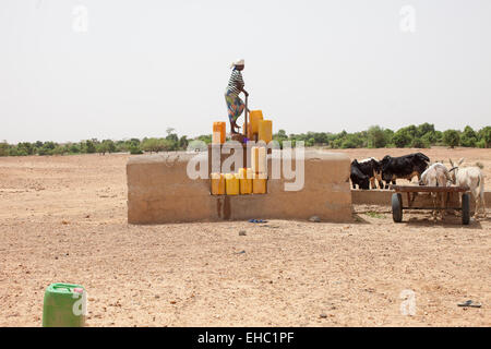 Djagourou vilage, Tera, west Niger; a woman uses the village foot pump to fill jerry-cans with water. Stock Photo